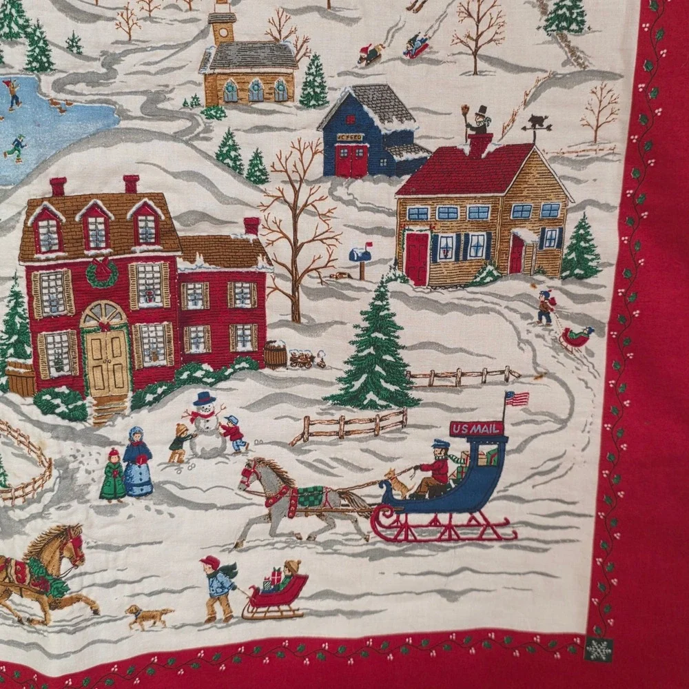 Vintage Christmas Winter Village Scenic Red Border Wall Hanging Ribbon Loops